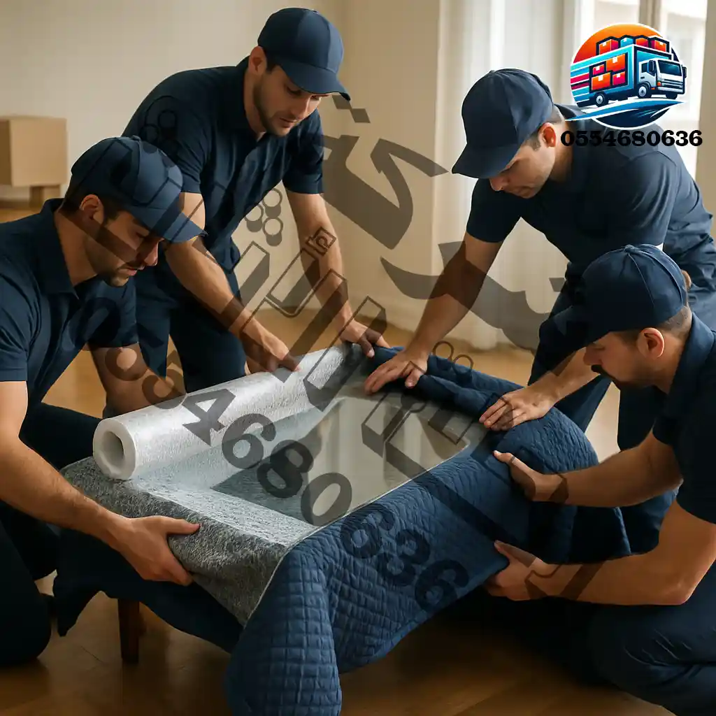 فريق عمل يقوم بتغليف الأثاث بعناية في شركة نقل عفش بالطائف